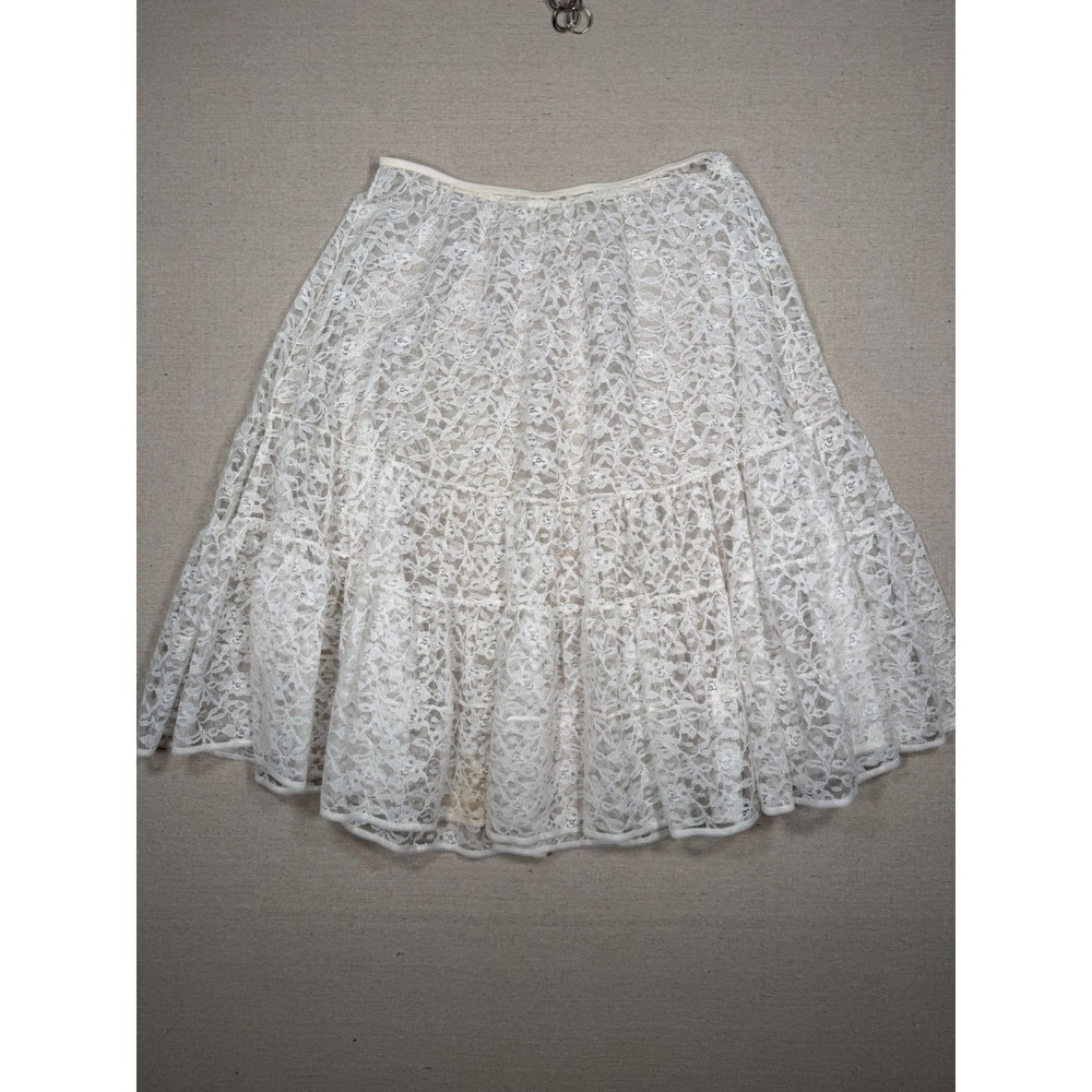 Vintage White Floral Lace Tiered Midi Skirt Ruffle Cottagecore Romantic Slip